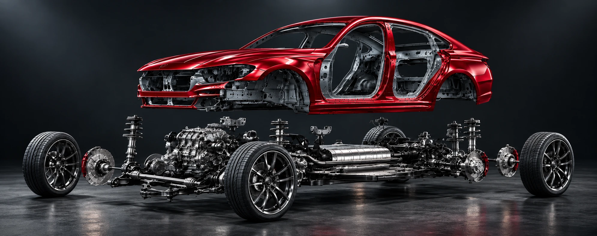 Photorealistic illustration of a red performance car with body, wheels, suspension, chassis and powertrain separated